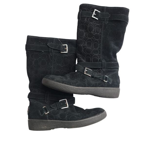 Coach Thelma Signature Monogram Embossed Black Suede Shearling Lined Boots, 8B - Picture 2 of 7